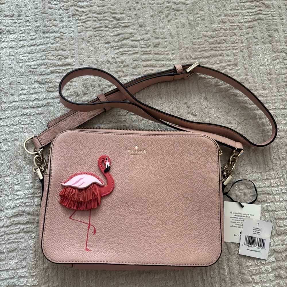 kate spade pink leather crossbody with flamingo appliqué